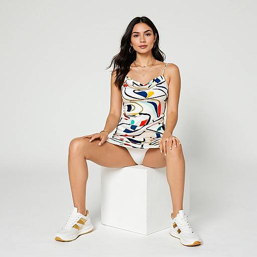 Woman in Casual Summer White Mini Dress with Multicolored Abstract Print Sitting on White Cube