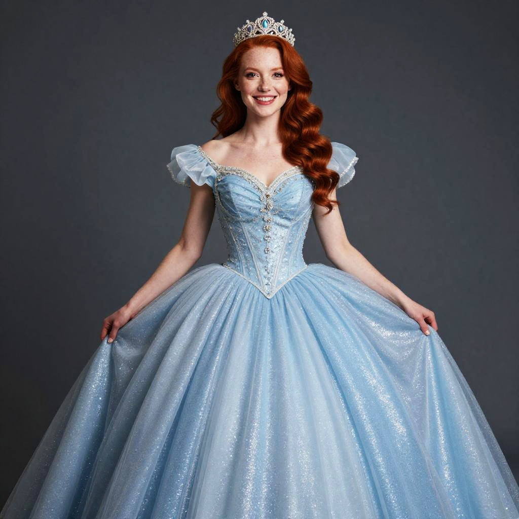 Red-Haired Woman in Sparkling Cinderella Blue Ball Gown with Tiara
