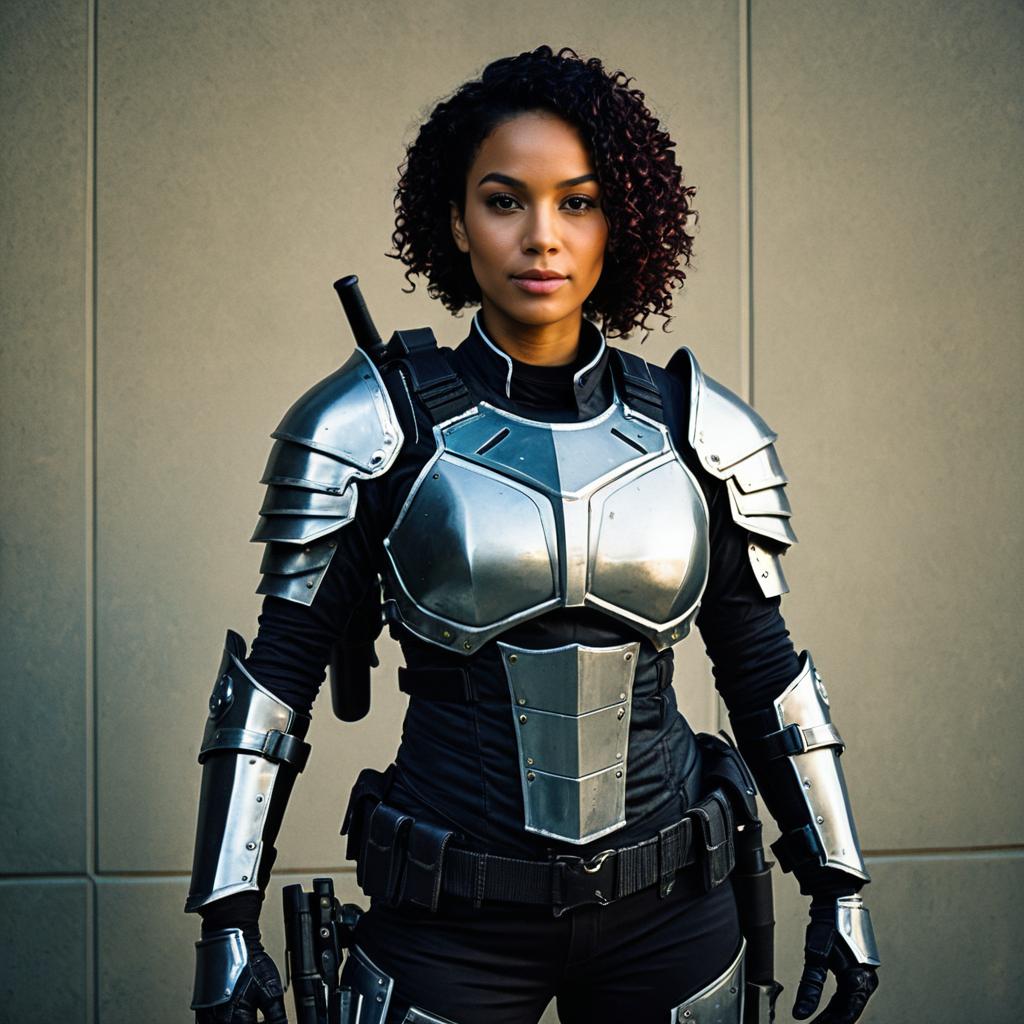 Woman in Futuristic Silver Armor Tactical Costume
