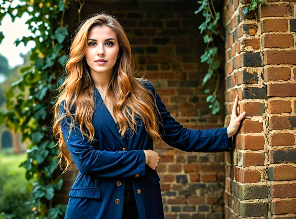 Elegant Woman in Navy Blazer Against Brick Wall