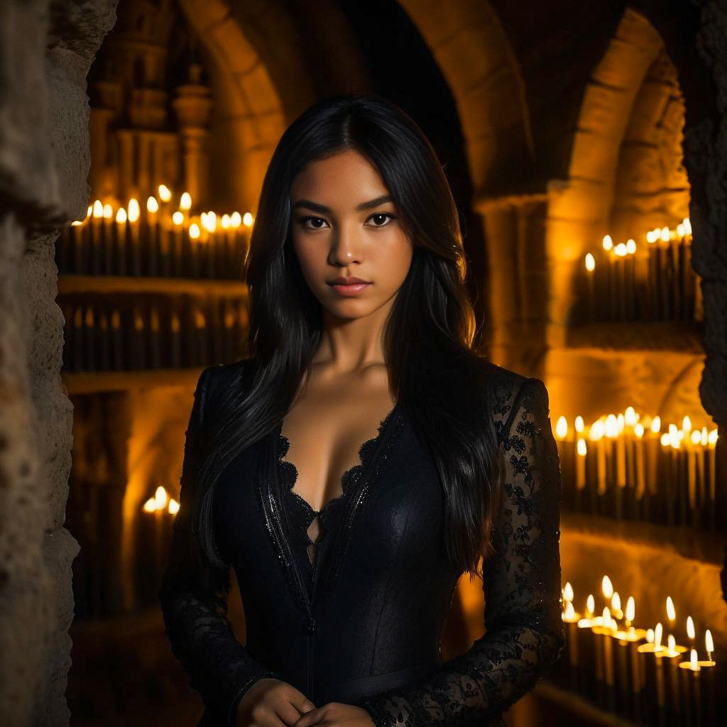 Confident Woman in Gothic Lace Dress in Candlelit Corridor Confident Woman in Gothic Lace Dress in Candlelit Corridor