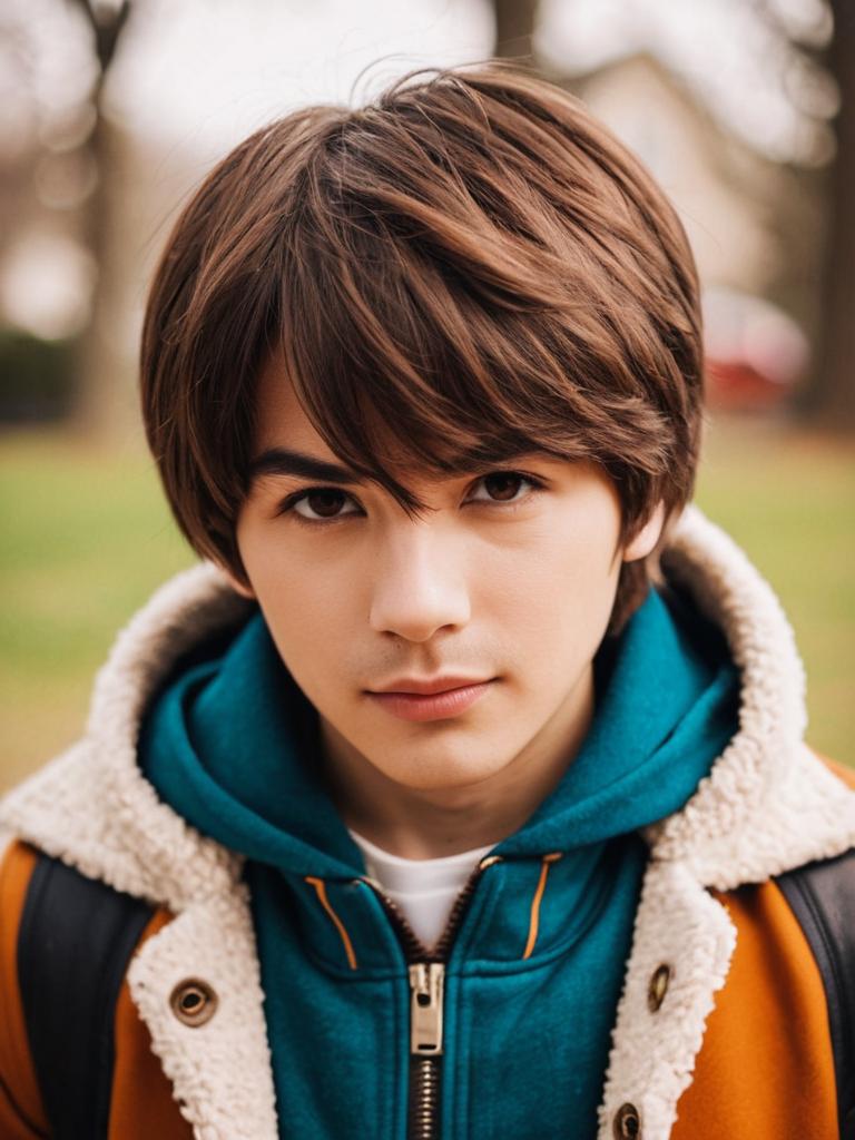 Portrait of Young Man in Shearling Jacket and Hoodie Outdoors