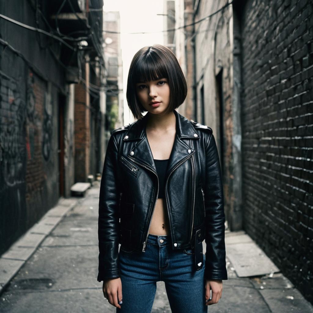 Young Woman in Black Leather Jacket Standing in Urban Alley