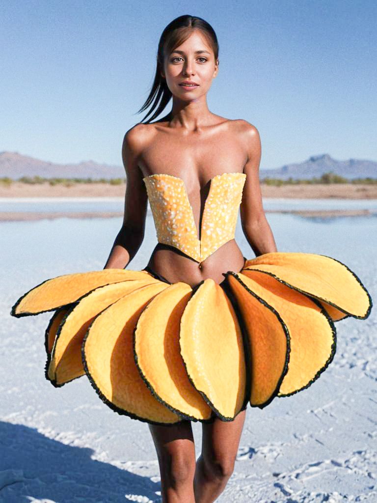 Woman in Colorful Fruit Slice Dress