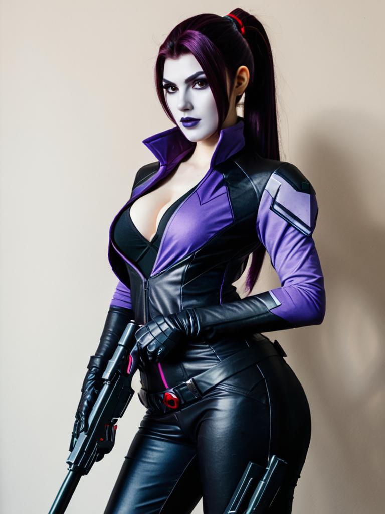 Realistic Widowmaker Cosplay Woman in Tactical Outfit with Sniper Rifle