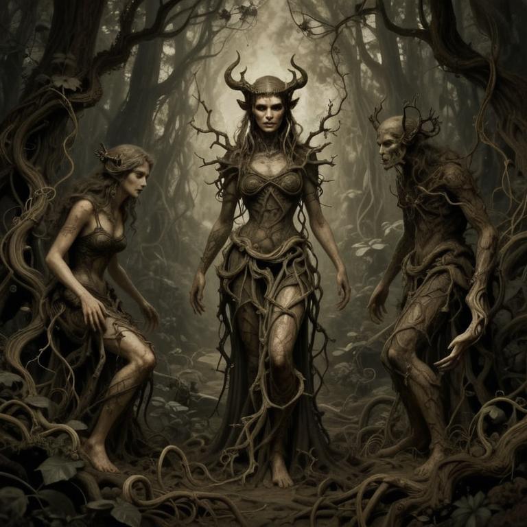 Mythical Forest Guardians with Horned Antlers and Root Armor in Enchanted Woodland