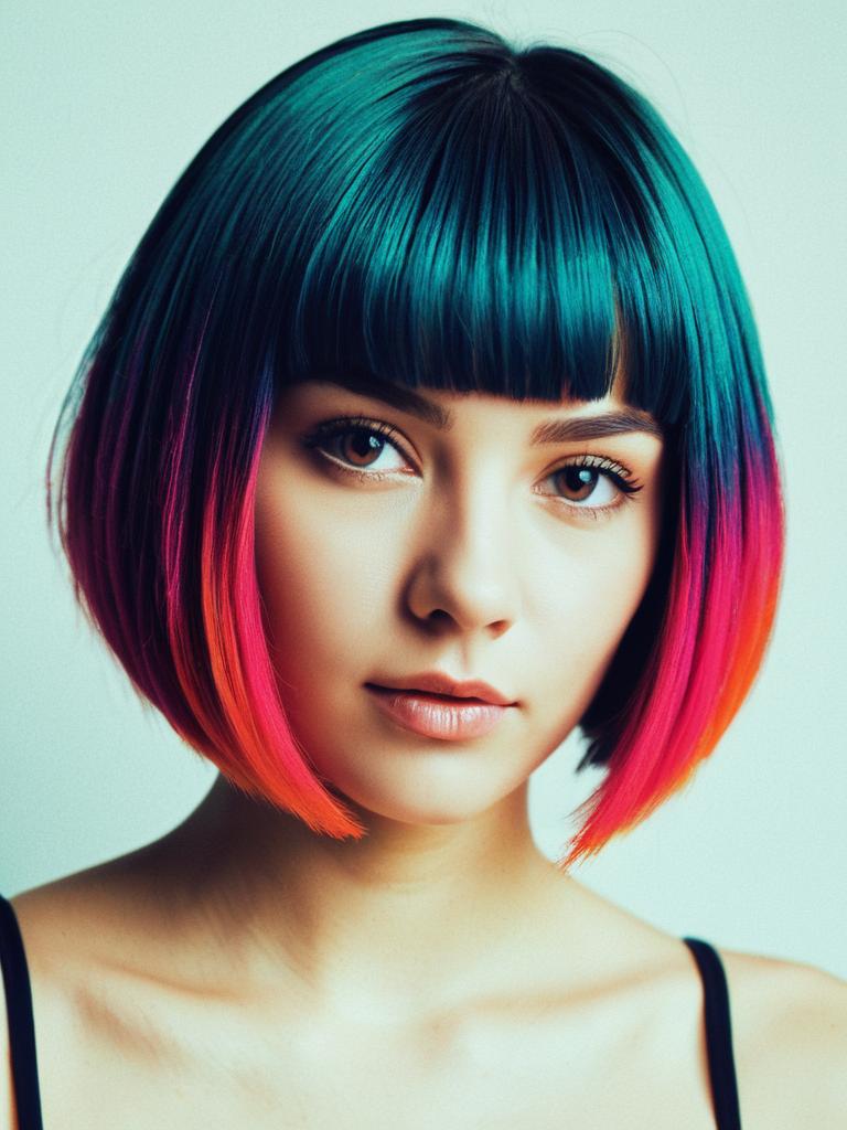 Young Woman with Vibrant Teal to Pink Gradient Bob Haircut