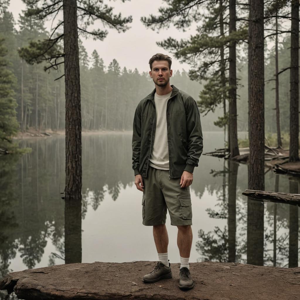 Confident Man on Rock in Serene Nature