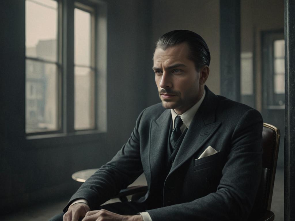 Sophisticated man in vintage black suit by window