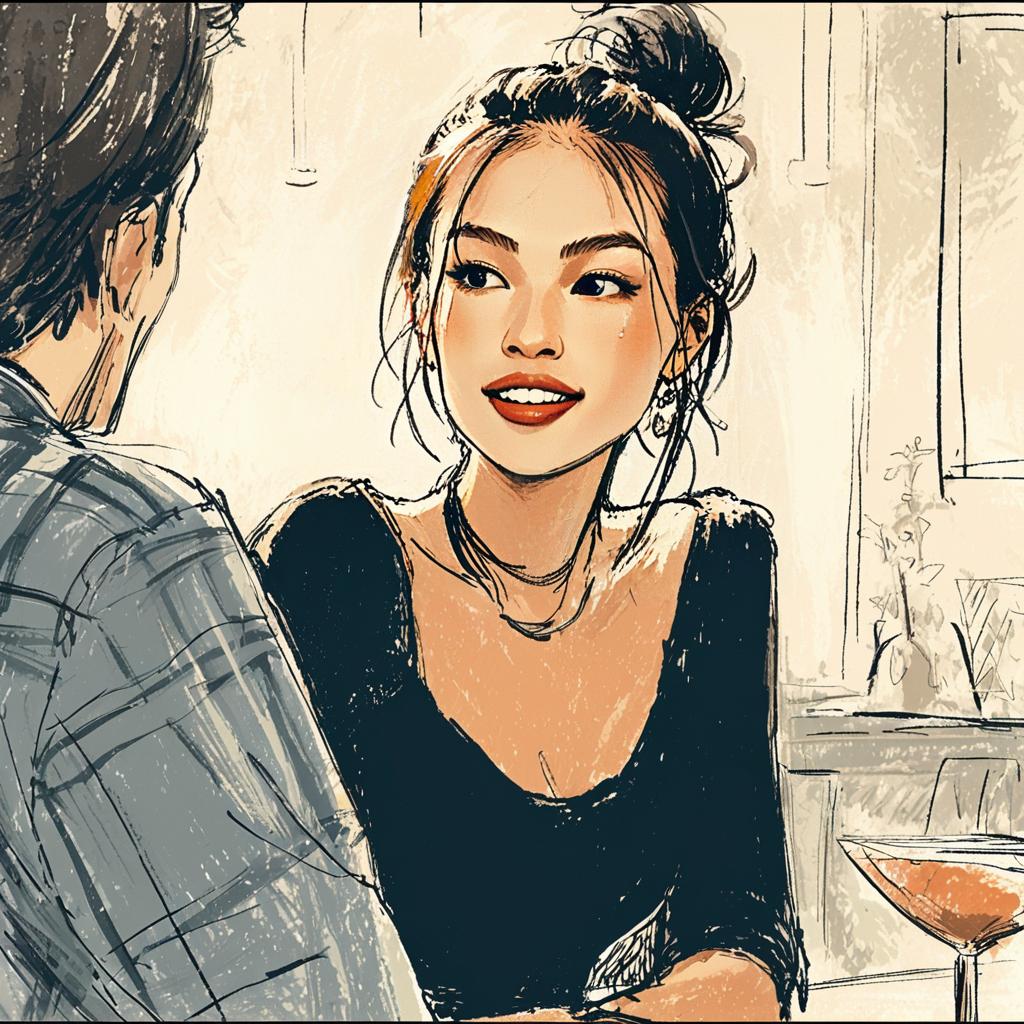 Digital Illustration of Woman Smiling in Café Conversation