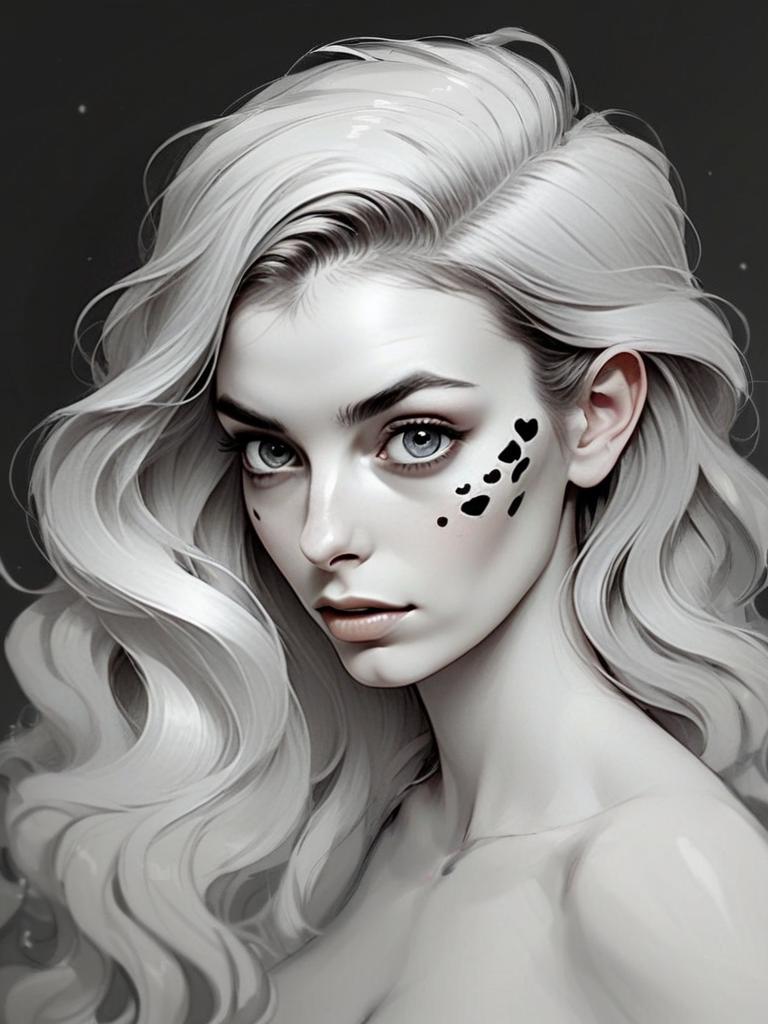 Hyper-Realistic Digital Portrait of Woman with Platinum Blonde Hair and Heart Face Marks