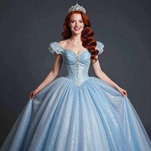 Red-Haired Woman in Sparkling Cinderella Blue Ball Gown with Tiara