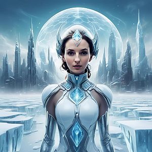 Futuristic Woman in Icy Landscape with High-Tech Suit