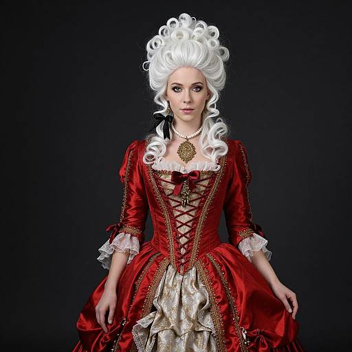 Woman in Elegant Red Rococo Gown with White Curled Wig