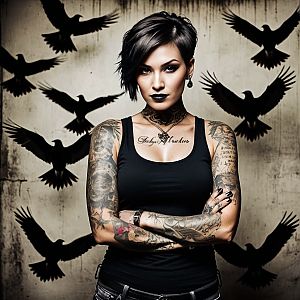 Confident Woman with Tattoos Against Crow Wall
