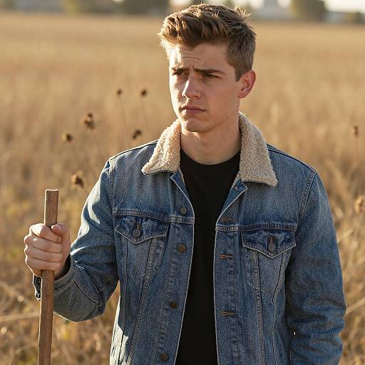 Young Man in Denim Jacket Holding Stick in Golden Field