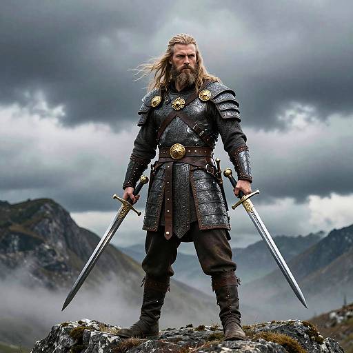 Medieval Warrior Man in Armor with Two Swords Outdoors