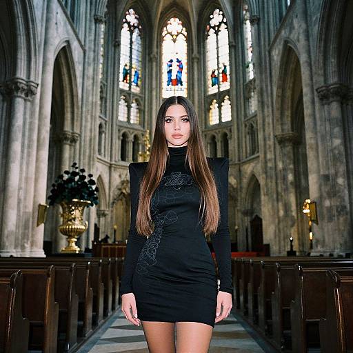 Woman in Black Dress Inside Grand Gothic Cathedral vllm26042601008nr2