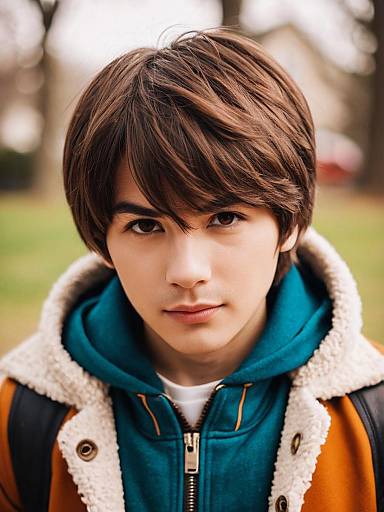Portrait of Young Man in Shearling Jacket and Hoodie Outdoors