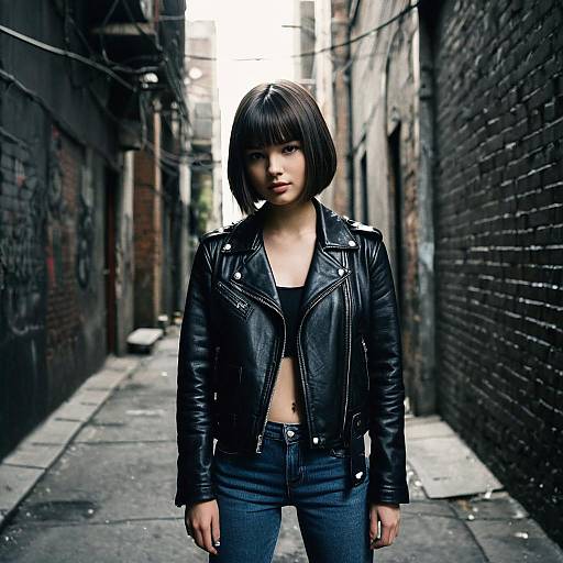 Young Woman in Black Leather Jacket Standing in Urban Alley