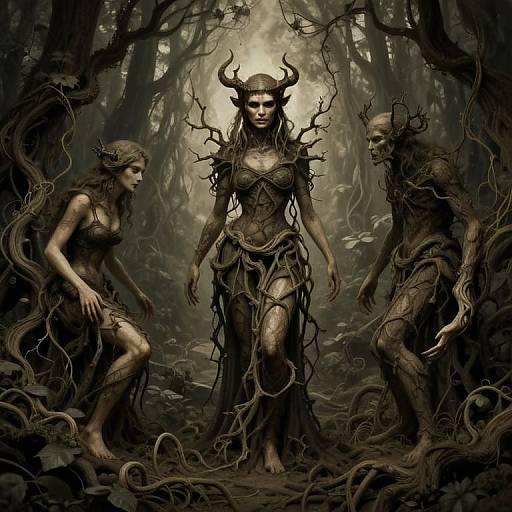Mythical Forest Guardians with Horned Antlers and Root Armor in Enchanted Woodland