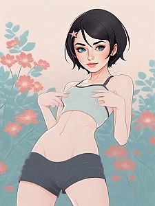 Young Woman in Blue Top with Floral Background