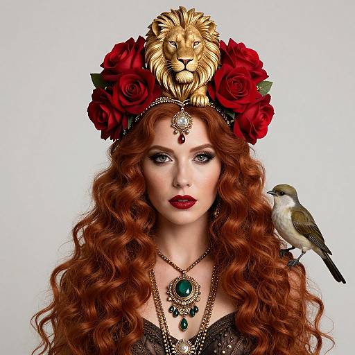 Red-haired Woman with Golden Lion Headpiece and Bird on Shoulder