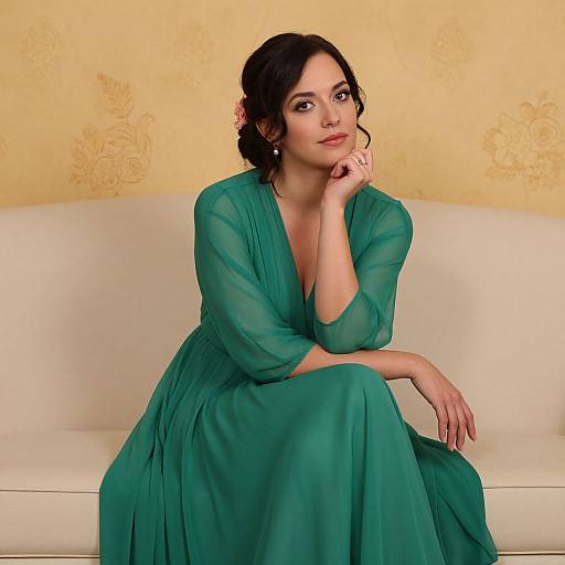 Elegant Woman in Emerald Green Dress Sitting on Sofa