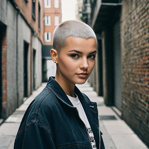 Urban Portrait of Woman with Platinum Blonde Buzz Cut in Denim Jacket