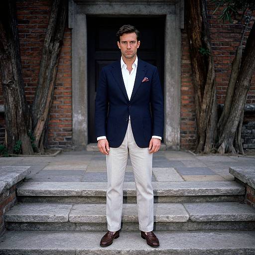 Elegant Man in Classic Navy Blazer and Beige Trousers by Brick Building