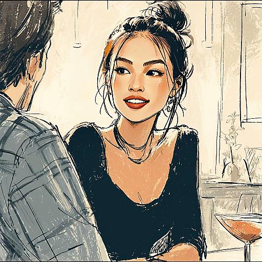 Digital Illustration of Woman Smiling in Café Conversation