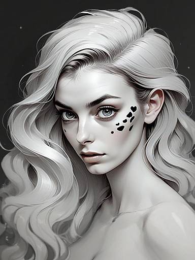 Hyper-Realistic Digital Portrait of Woman with Platinum Blonde Hair and Heart Face Marks