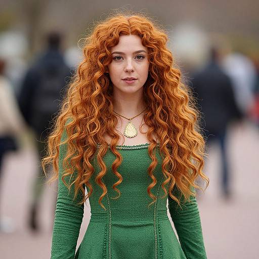 Woman with Curly Red Hair in Green Dress Wearing Gold Pendant Necklace