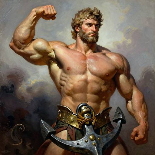 Muscular Heroic Man Flexing with Anchor Oil Painting