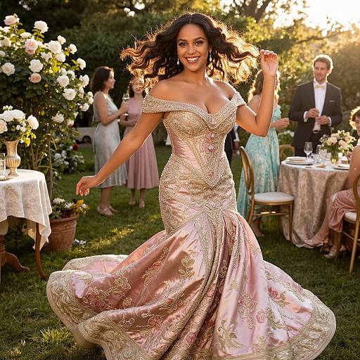 Elegant Woman Twirling in Embroidered Pink Gown at Garden Celebration