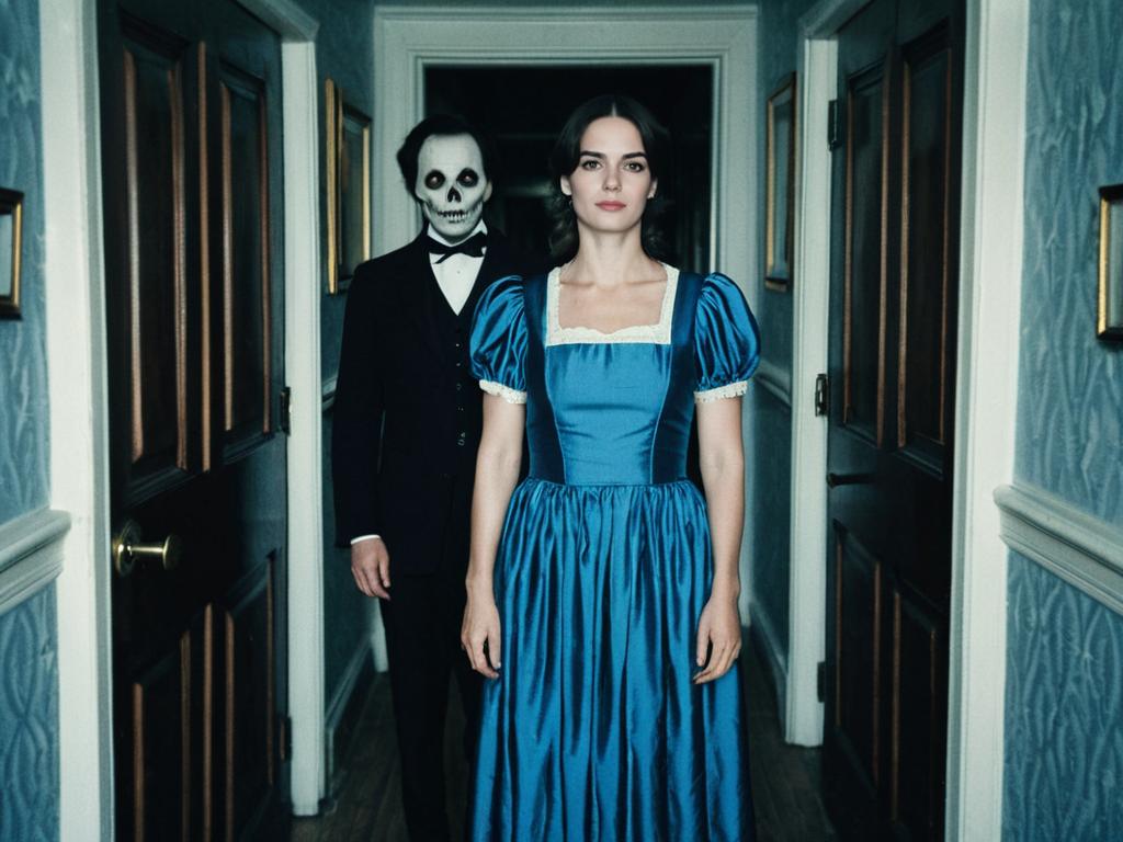 Haunted House Fancy Dress Woman in Blue Dress with Skull Mask Man Behind