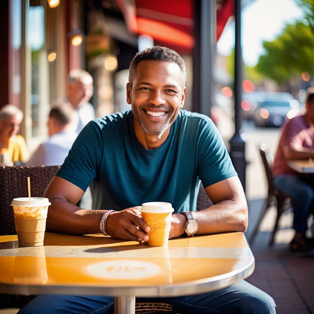 Cheerful man at outdoor café enjoying a beverage