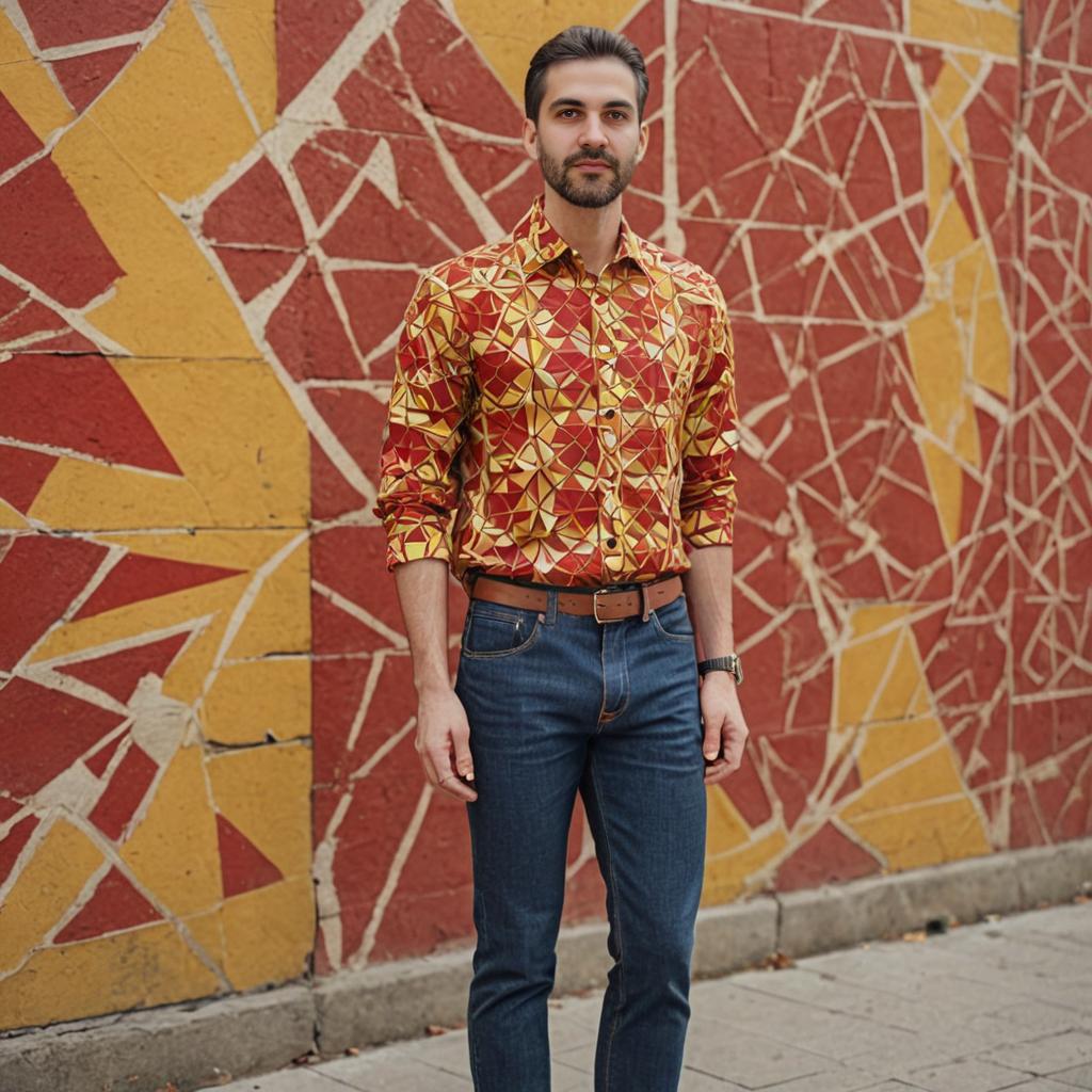 Stylish Man in Front of Colorful Geometric Wall