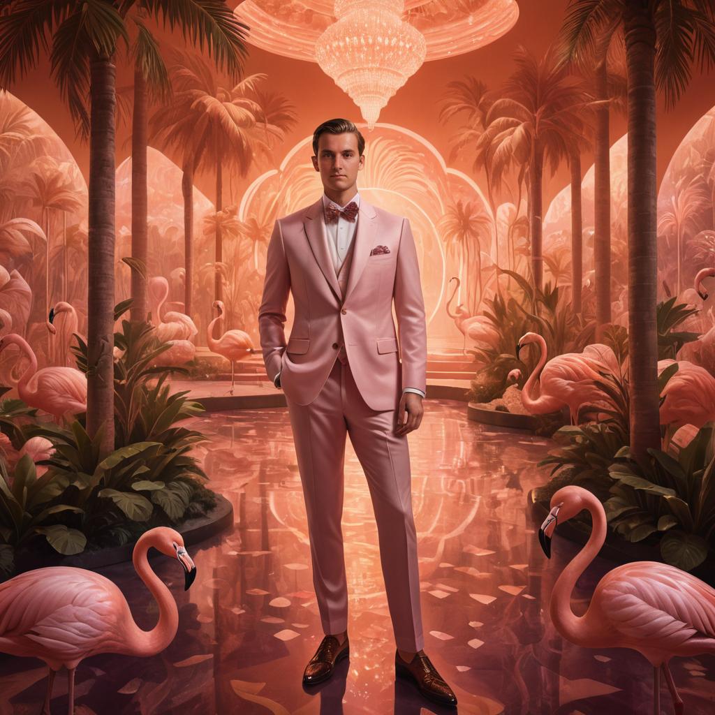 Stylish man in pink suit with flamingo art