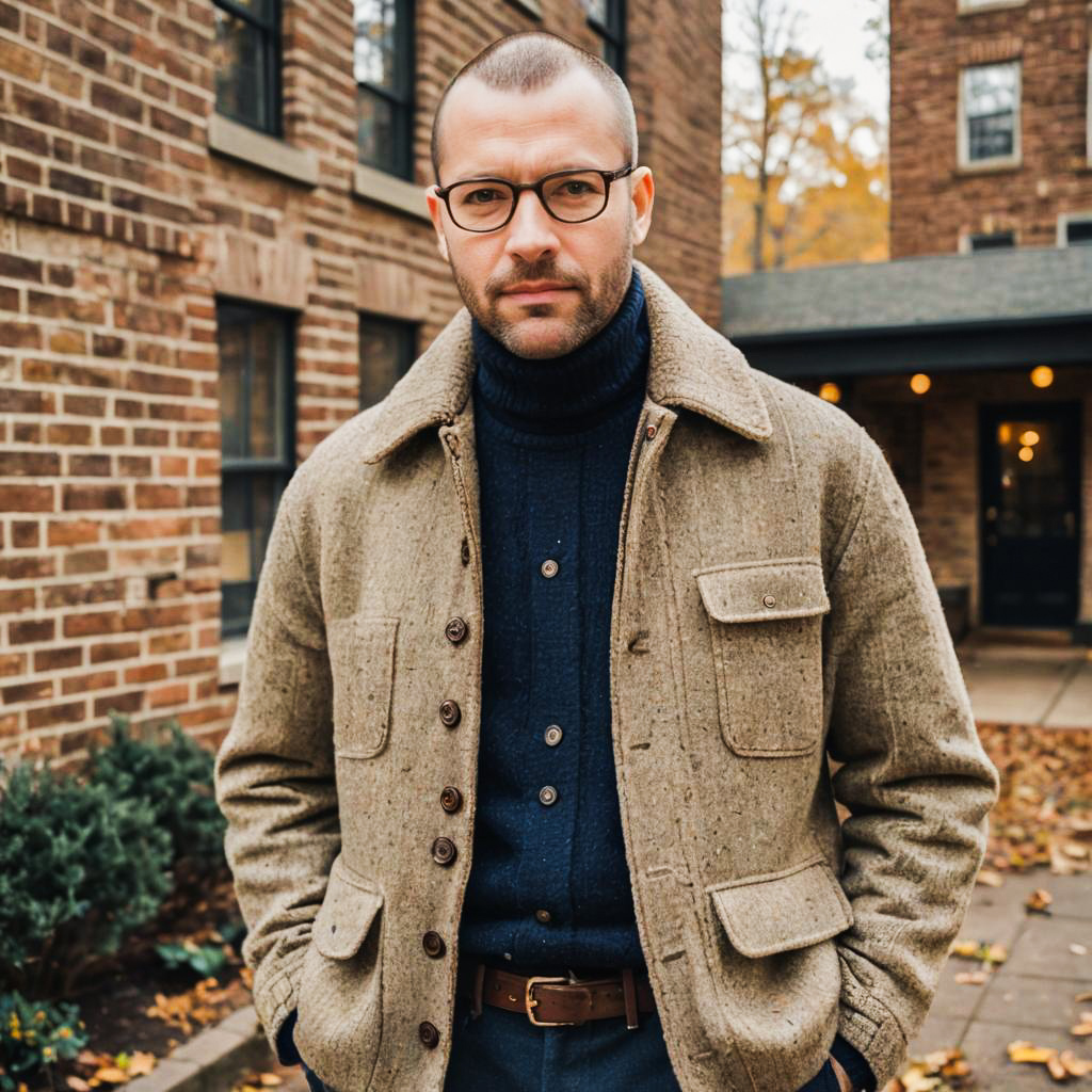 Stylish Man in Beige Jacket and Navy Sweater