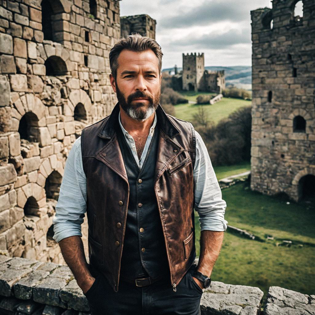 Man in Leather Vest at Ancient Ruins Man in Leather Vest at Ancient Ruins