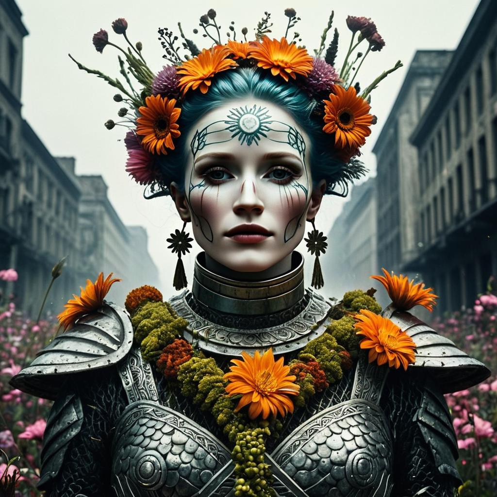 Fantasy Woman in Ornate Armor with Floral Crown and Intricate Face Art