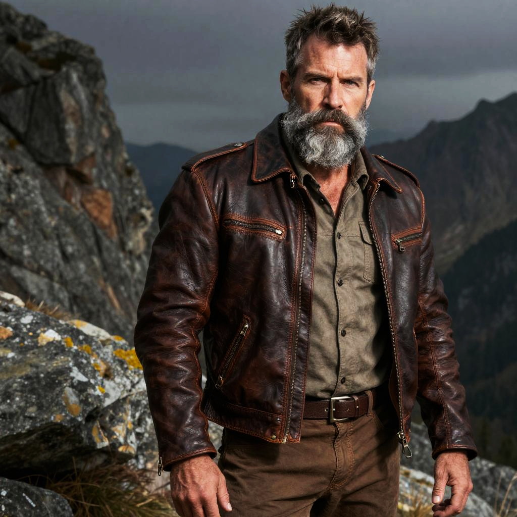Rugged Bearded Man in Vintage Leather Jacket Outdoors