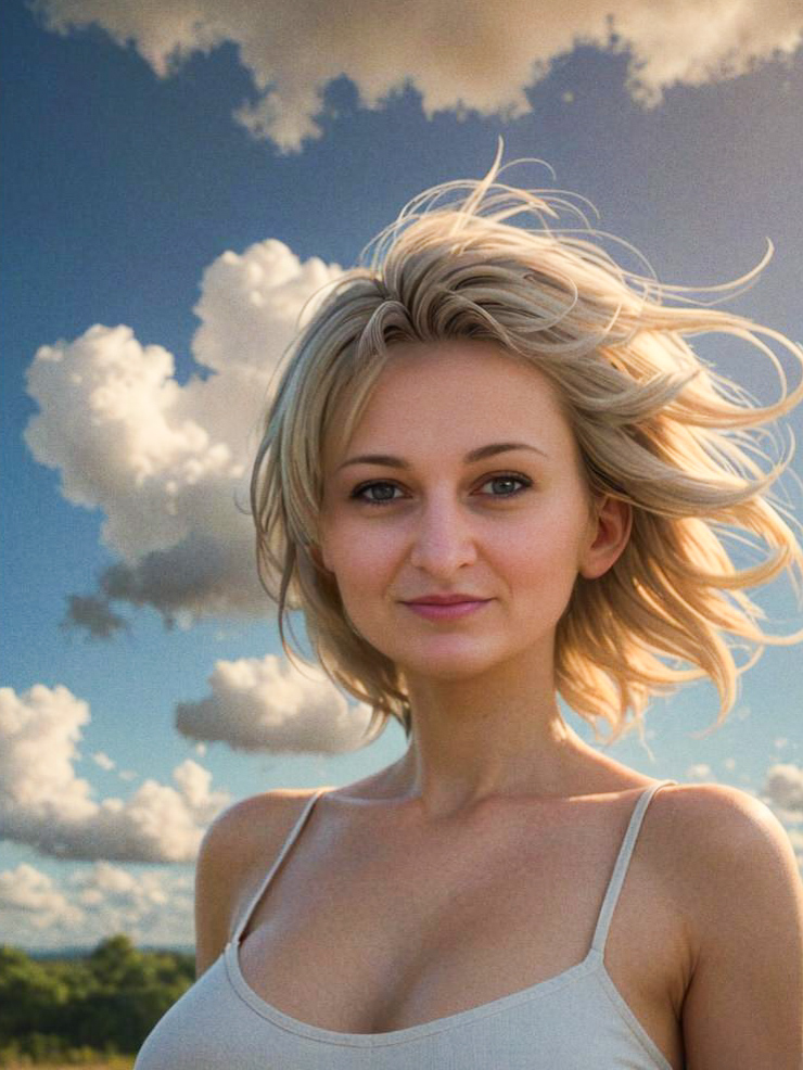 Serene Woman with Blonde Hair in Dreamy Sky