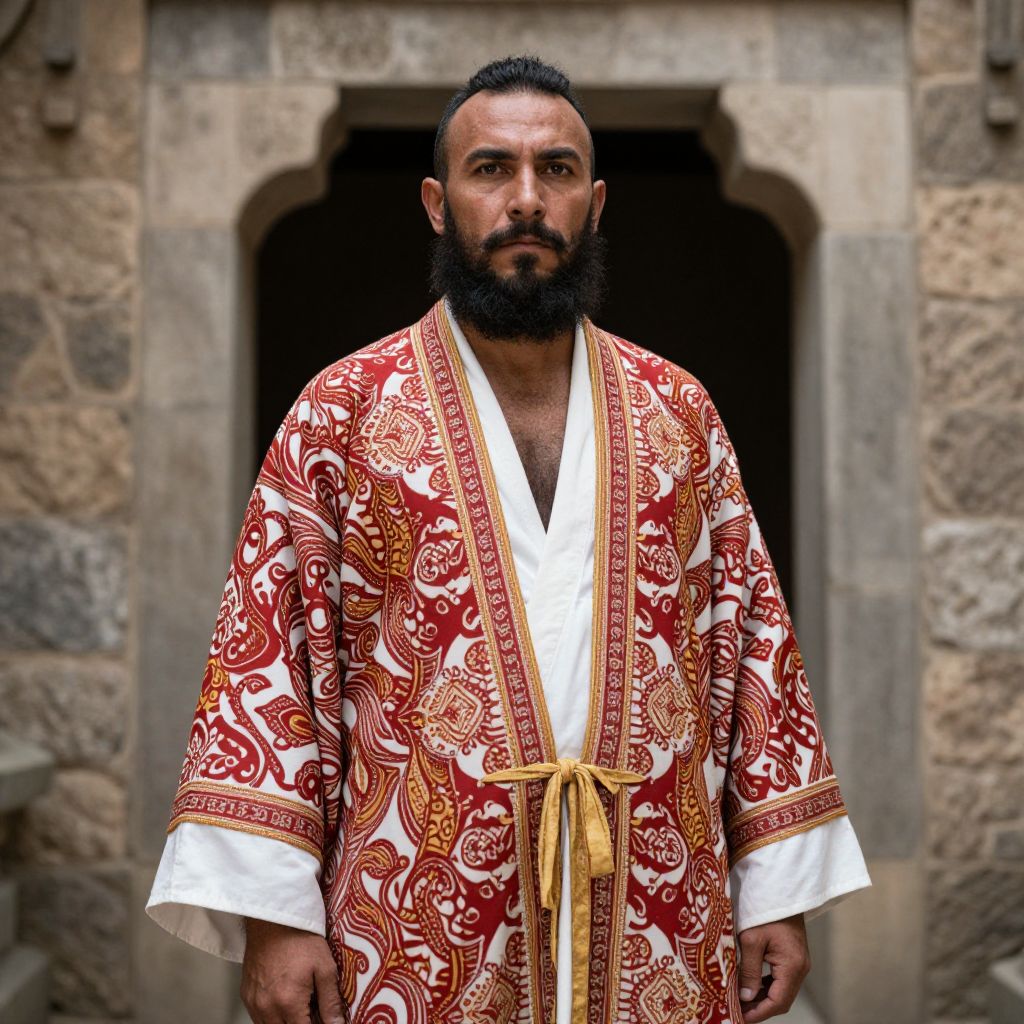 Bearded Man Wearing Traditional Red and Gold Patterned Robe in Stone Archway