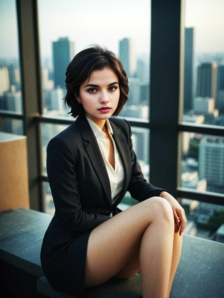 Confident Businesswoman on Rooftop with Urban View