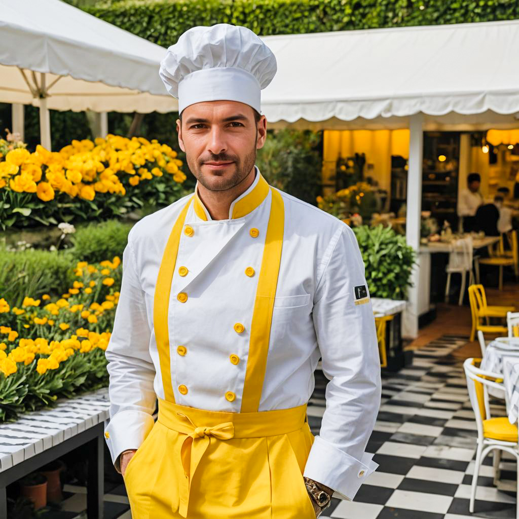 Chef in White and Yellow Uniform Standing in Outdoor Restaurant with Yellow Flowers