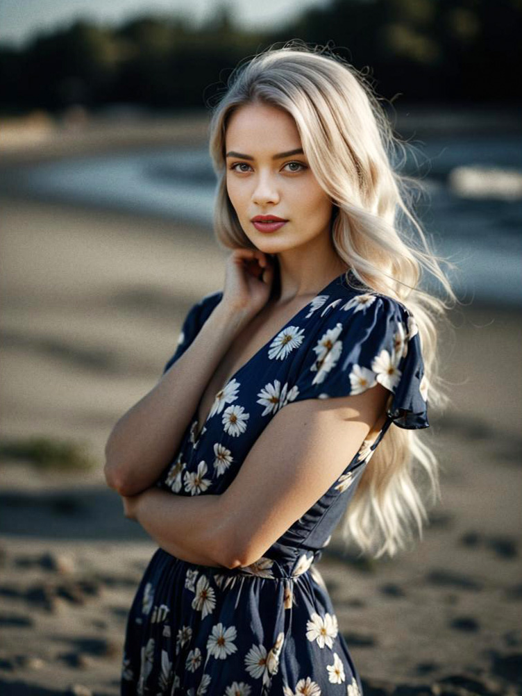 Young Woman in Floral Dress by the Shore