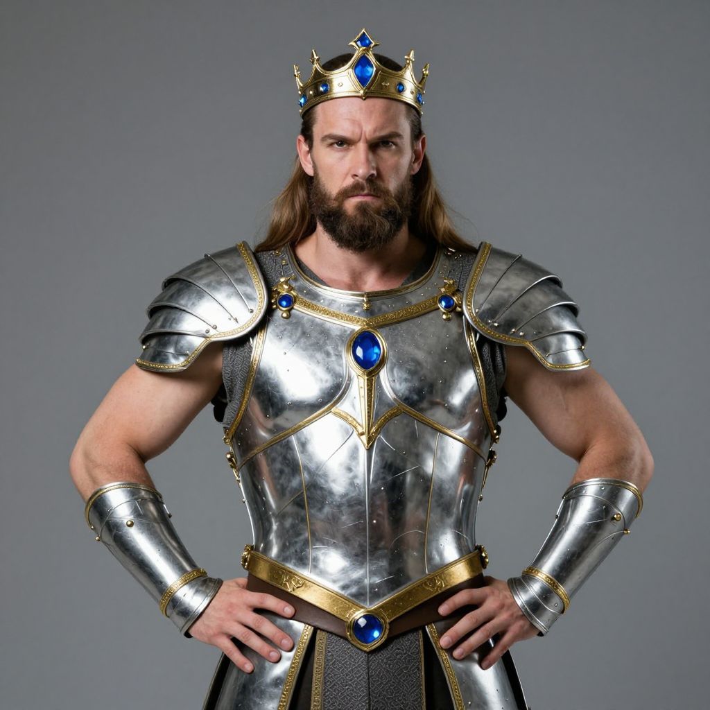 Medieval King in Silver Armor with Blue Gemstone Crown and Gauntlets