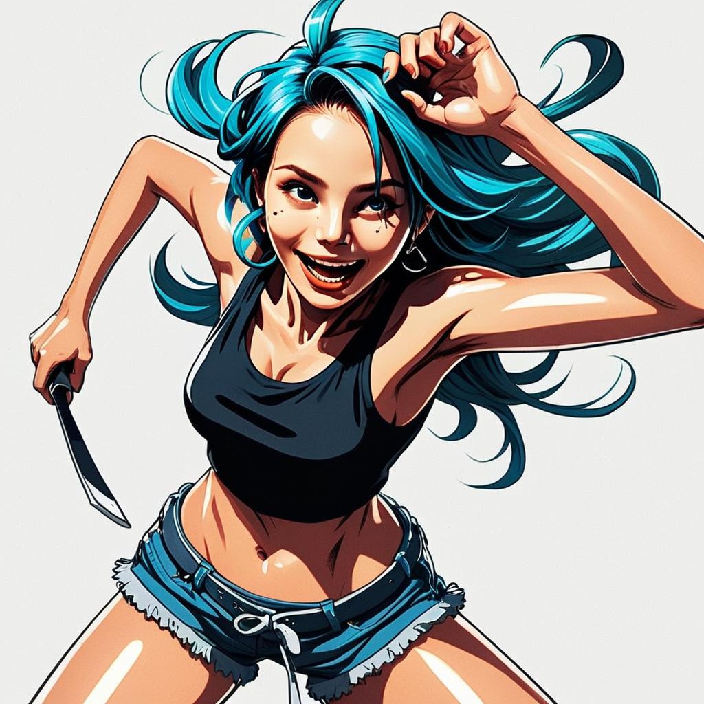 Dynamic Young Woman with Blue Hair in Comic Style Holding Knife